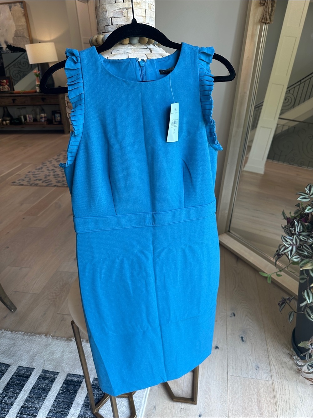 Ann Taylor Sleeveless Midi Dress in Bright Blue with Ruffle Shoulders